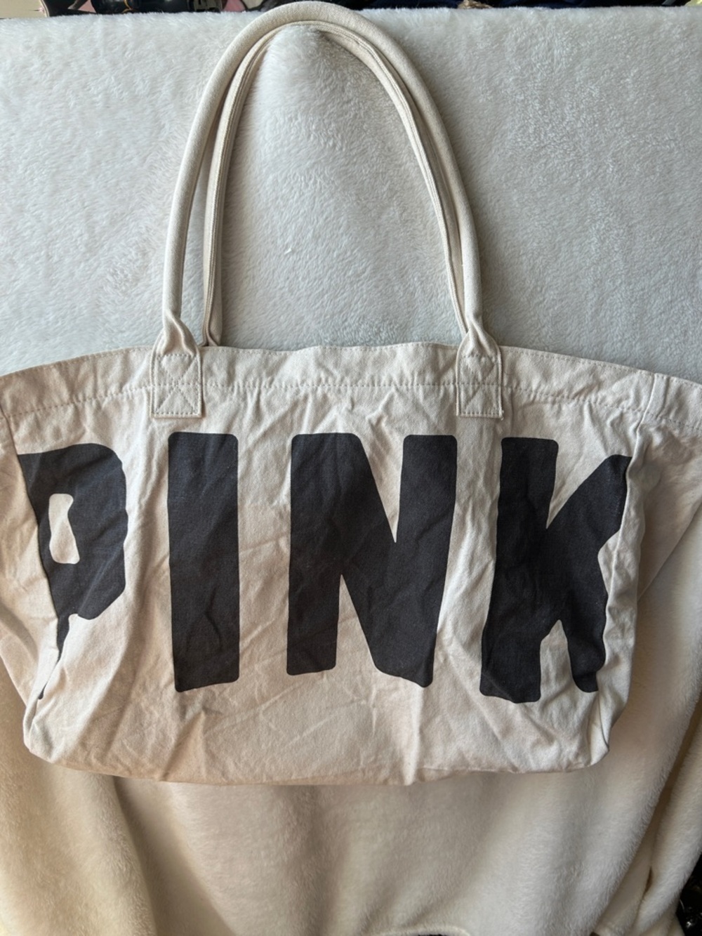 PINK Victoria's Secret Natural Canvas Tote with Black Logo
